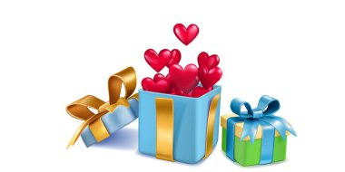 Sevgililer Günü illüstrasyonunda renkli hediye kutuları, kurdeleli kurdeleler ve beyaz arka planda bir sürü kırmızı kalp açık kutudan uçuyor.