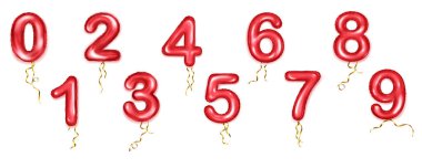 Set of foil red balloons shape of numbers from 0 to 9 with golden ribbons