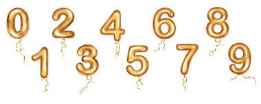 Set of foil golden balloons shape of numbers from 0 to 9 with ribbons