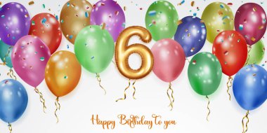 Renkli helyum balonları, büyük 6 numaralı folyo balonu, uçan parlak yılan parçaları ve beyaz arka planda mutlu yıllar yazısıyla doğum günü illüstrasyonları.