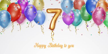 Renkli helyum balonları, büyük 7 numaralı folyo balonu, uçan parlak yılan parçaları ve beyaz arka planda mutlu yıllar yazısıyla doğum günü illüstrasyonları.