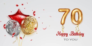 Renkli helyum balonları, büyük 70 numaralı altın folyo balonu, uçan parlak yılan parçaları ve beyaz arka planda mutlu yıllar yazısıyla doğum günü illüstrasyonları.