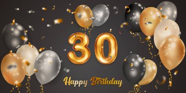 Festive birthday illustration with white, black and gold helium balloons, big number 30 golden foil balloon, flying shiny pieces of serpentine and inscription Happy Birthday on dark background