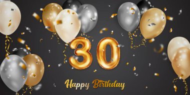 Festive birthday illustration with white, black and gold helium balloons, big number 30 golden foil balloon, flying shiny pieces of serpentine and inscription Happy Birthday on dark background