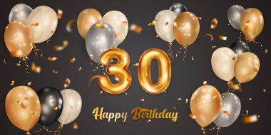 Festive birthday illustration with white, black and gold helium balloons, big number 30 golden foil balloon, flying shiny pieces of serpentine and inscription Happy Birthday on dark background