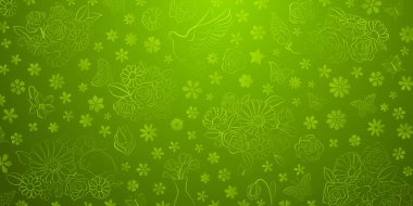Spring background in green colors made of various flowers, birds and butterflies