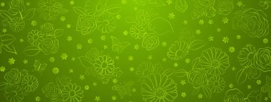 Spring background in green colors made of various flowers and butterflies