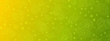 Spring background in green colors made of various flowers and butterflies