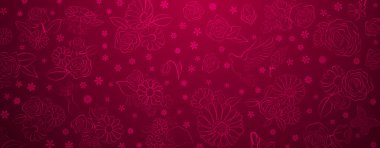 Spring background in red colors made of various flowers, birds and butterflies