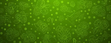 Spring background in green colors made of various flowers, birds and butterflies