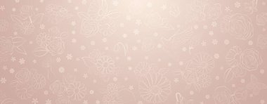 Spring background in beige colors made of various flowers, birds and butterflies