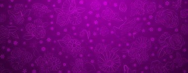 Spring background in purple colors made of various flowers, birds and butterflies