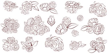 Set of hand drawn bouquets and single flowers, isolated on white background