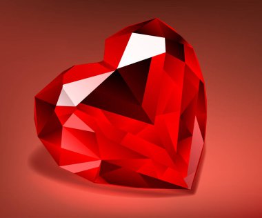 Illustration with side-lying big crystal faceted heart in red colors with shadow on dark background