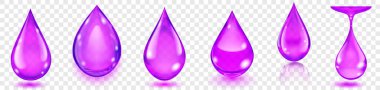 Set of realistic translucent water drops in purple colors in various shapes with glares and shadows, isolated on transparent background. Transparency only in vector format
