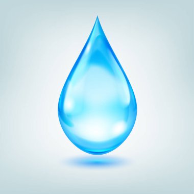 One big realistic water drop in blue color with glares and shadow