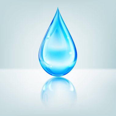 One big realistic water drop in blue color with glares and reflection