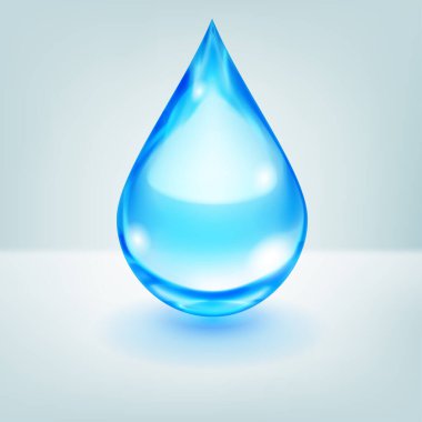 One big realistic water drop in blue color with glares and shadow