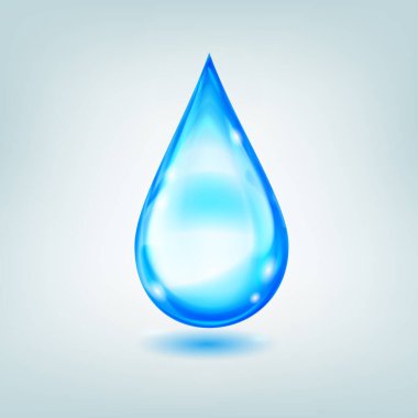 One big realistic water drop in blue color with glares and shadow