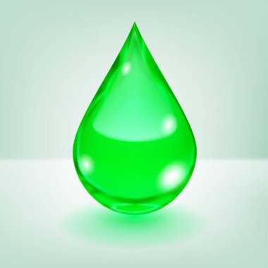 One big realistic water drop in green color with glares and shadow