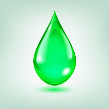 One big realistic water drop in green color with glares and shadow