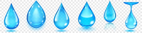 Set Realistic Translucent Water Drops Blue Colors Various Shapes Glares — Stockvector