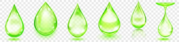Set Realistic Translucent Water Drops Green Colors Various Shapes Glares — Stockvektor