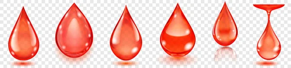 Set Realistic Translucent Water Drops Red Colors Various Shapes Glares — 图库矢量图片