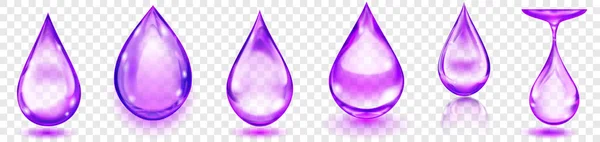 Набор Реалистичных Прозрачных Капель Воды Светло Фиолетовых Цветах Различных Форм — стоковый вектор