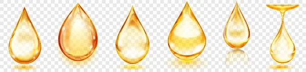 Set Realistic Translucent Water Drops Yellow Colors Various Shapes Glares — Stockvector