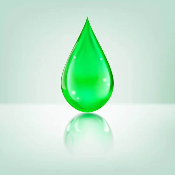 One Big Realistic Water Drop Green Color Glares Reflection — Vetor de Stock