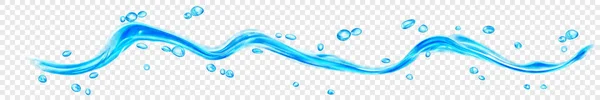 透明な背景に隔離された明るい青の色の滴と泡を持つ透明な水の波 ベクトルファイルのみの透明度 — ストックベクタ