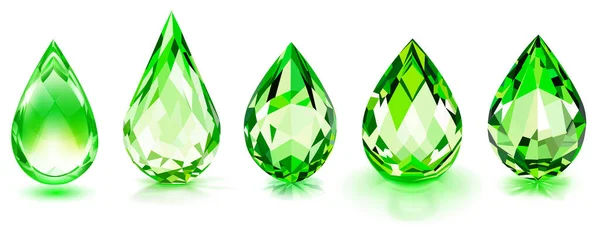 Zestaw Dużych Kropel Kryształu Zielonym Kolorze Poświatami Cieniami — Wektor stockowy