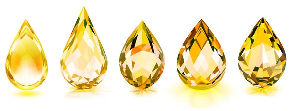 Set Grandes Gotas Cristal Color Amarillo Con Reflejos Sombras — Vector de stock