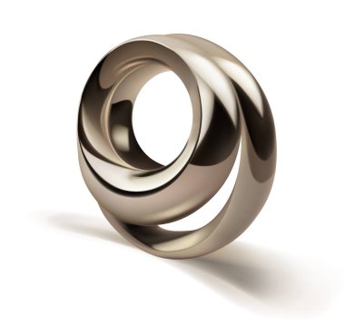 Beyaz arkaplanda gölgesi olan gümüş renkli iki parlak metal yüzüğün soyut figürü.
