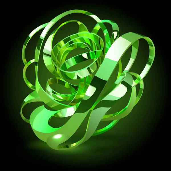 Absztrakt Figura Összefonódó Zöld Fényes Fémszalagokból Vakító Fénnyel Sötét Háttérrel — Stock Vector