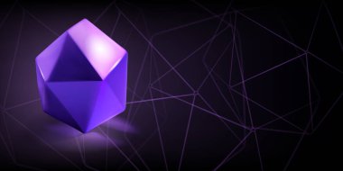 Bir çokyüzlü mor düşük-polyester bir nesne ve koyu arkaplan üzerinde geometrik şekillerin ana hatları ile soyut arkaplan