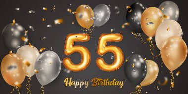 Festive birthday illustration with white, black and gold helium balloons, big number 55 golden foil balloon, flying shiny pieces of serpentine and inscription Happy Birthday on dark background clipart