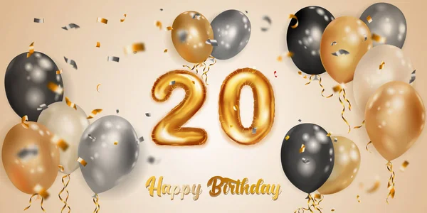 用白色 黑色和金色的氦气气球 大号的20金箔气球 闪烁着闪闪发光的蛇形图案 以及淡淡的背景上的生日快乐图案 来庆祝生日吧 — 图库矢量图片