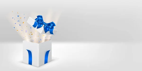 Праздничная Иллюстрация Открытой Белой Подарочной Коробкой Голубыми Лентами Луком Вылетают — стоковый вектор