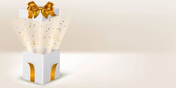 Slavnostní Ilustrace Otevřenou Bílou Dárkovou Krabičkou Zlatými Stuhami Lukem Kousky — Stockový vektor