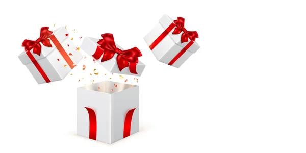 Святкова Ілюстрація Білими Подарунковими Коробками Червоними Стрічками Бантами Шматочки Змії — стоковий вектор