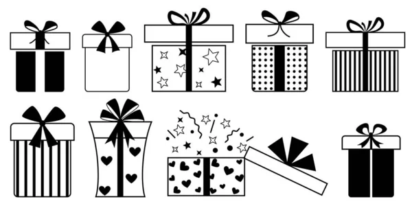 Set Von Geschenkboxen Mit Schleifen Und Verschiedenen Mustern Schwarzen Farben — Stockvektor