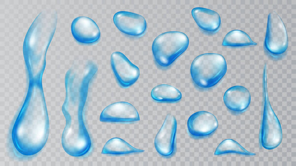 Set of realistic translucent water drops in light blue colors in various shape and size, isolated on transparent background. Transparency only in vector format