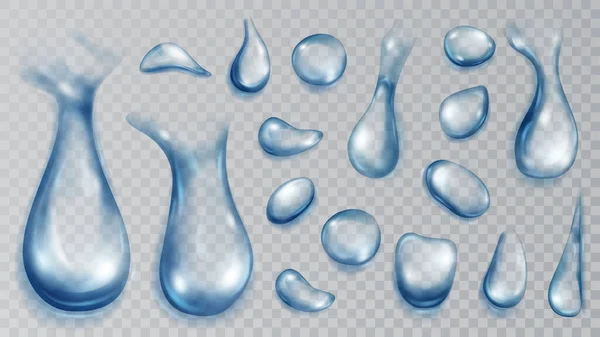 Набор Реалистичных Прозрачных Капель Воды Голубых Цветах Различной Формы Размера — стоковый вектор