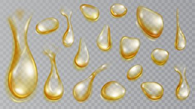 Şeffaf arkaplanda izole edilmiş, çeşitli şekil ve boyutlarda, sarı renkte yarı saydam su damlaları. Sadece vektör biçiminde şeffaflık