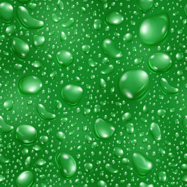 Seamless pattern of big and small realistic water drops in green colors