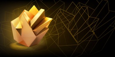 Bir çokyüzlü ve koyu arkaplan üzerinde geometrik şekillerin ana hatları olan altın rengi düşük polyester 3D bir nesne ile soyut arkaplan
