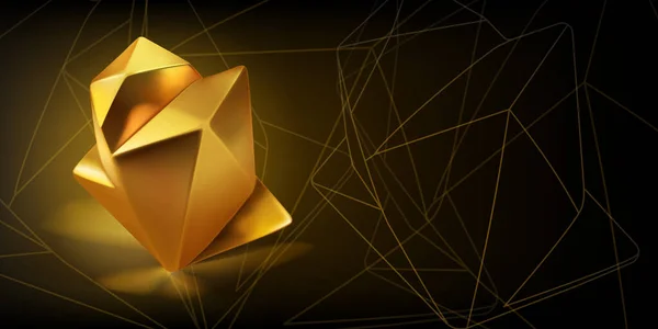 多面体の形をした金色の低ポリ3Dオブジェクトと暗い背景に幾何学的形状の輪郭を持つ抽象的な背景 — ストックベクタ