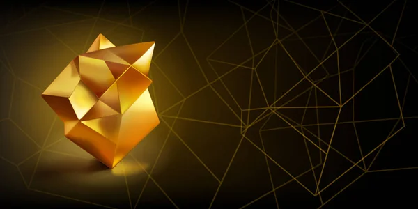 多面体の形をした金色の低ポリ3Dオブジェクトと暗い背景に幾何学的形状の輪郭を持つ抽象的な背景 — ストックベクタ